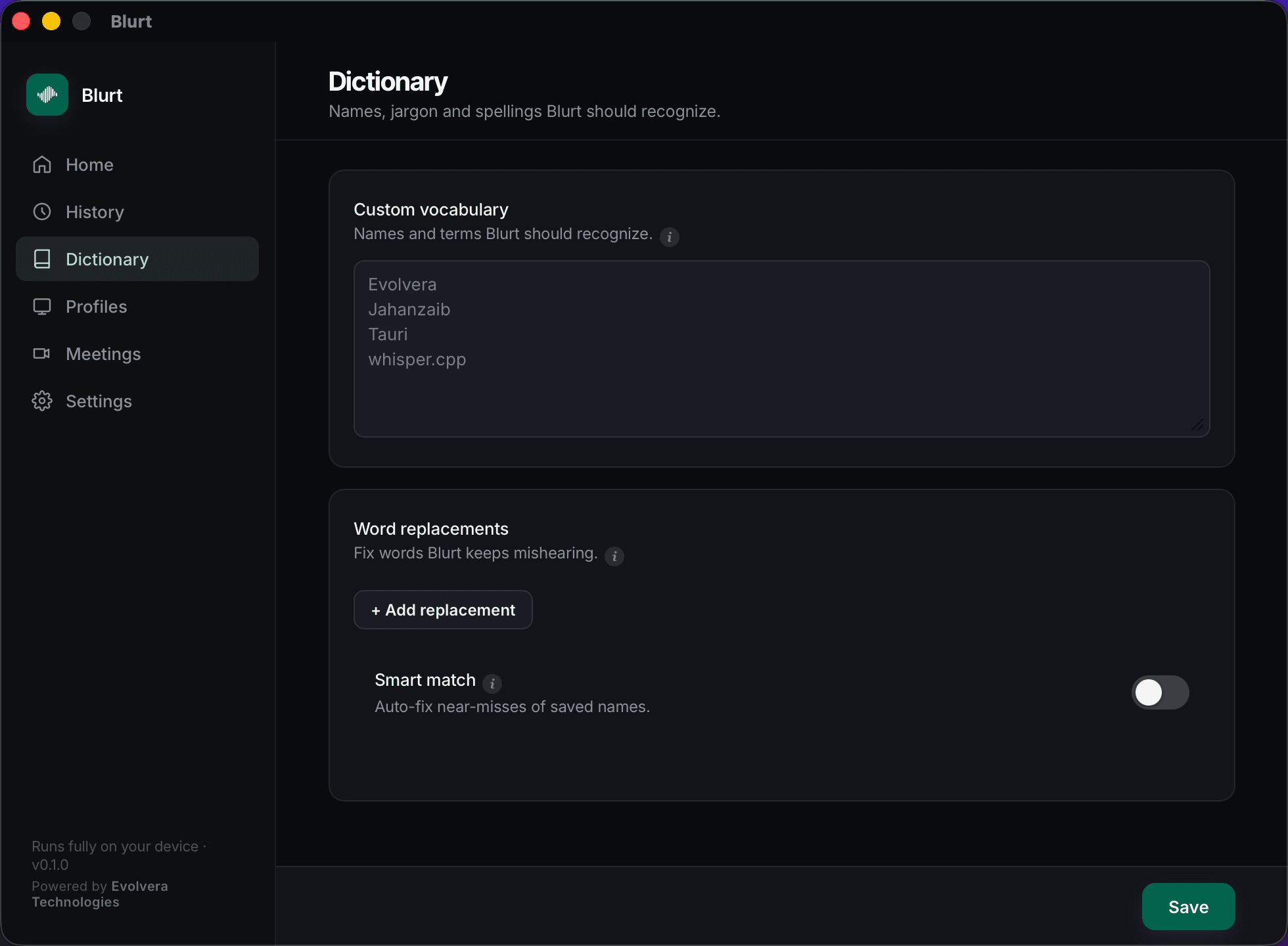 Blurt's Dictionary tab, with custom vocabulary and word replacements