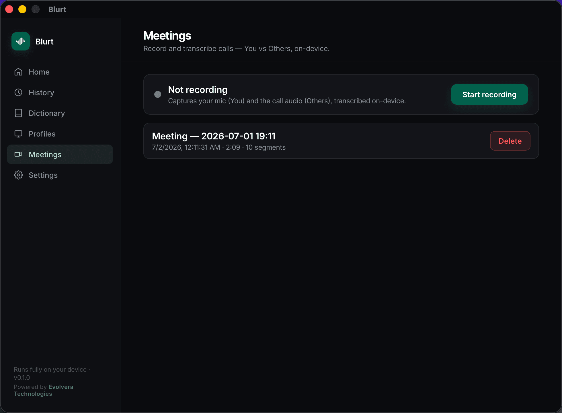 Blurt's Meetings tab, recording the microphone and call audio on device